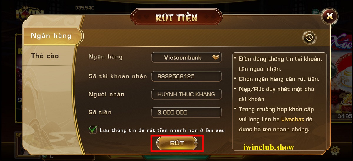 Thực hiện rút tiền về tài khoản